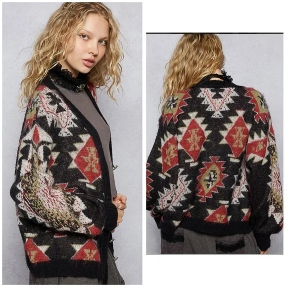 043 ⬇️ POL The Cinderpetal (1) Multicolor Geometric Cardigan In Black Multi - Picture 2 of 2